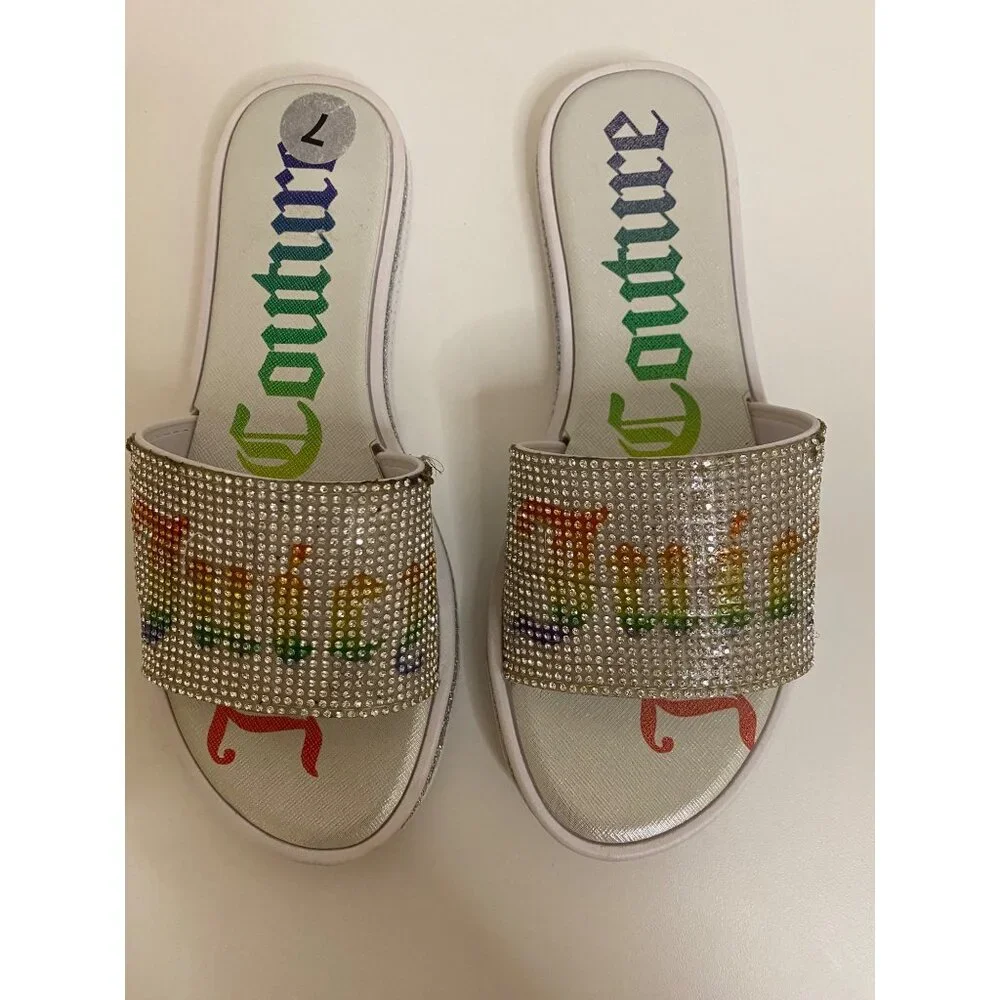 Juicy Couture Crystal Slip-On Slides Women Size 7 Clear Rainbow Sandal Flats Y2K
